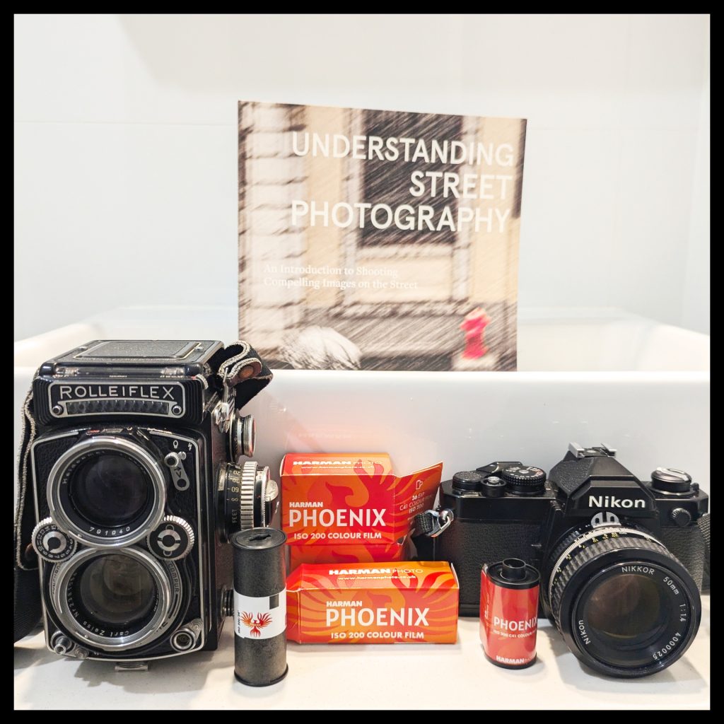 Harman Phoenix 200 film in 35mm and 120 formats with Rolleiflex and Nikon FM cameras.